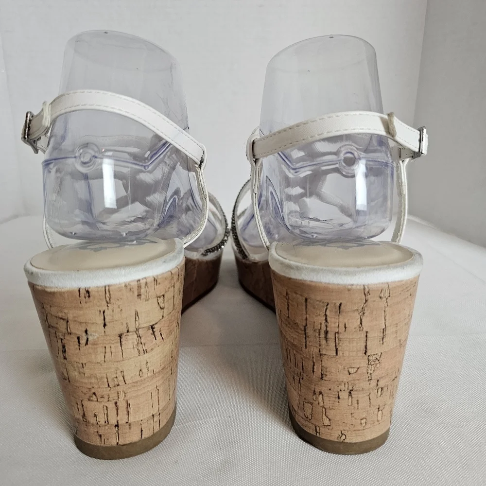 Fergalicious White Strappy Cork Wedge Summer Sandals Rhinestone Size 9.5